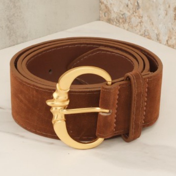 Brass Buckle  Suede Belt - Brown
